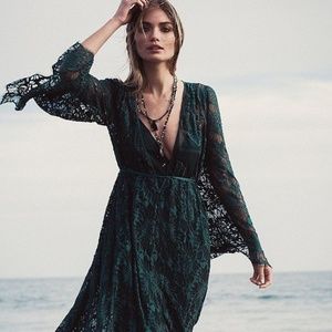 Free People Gorgeous Emerald Lace Maxi Dress NWOT
